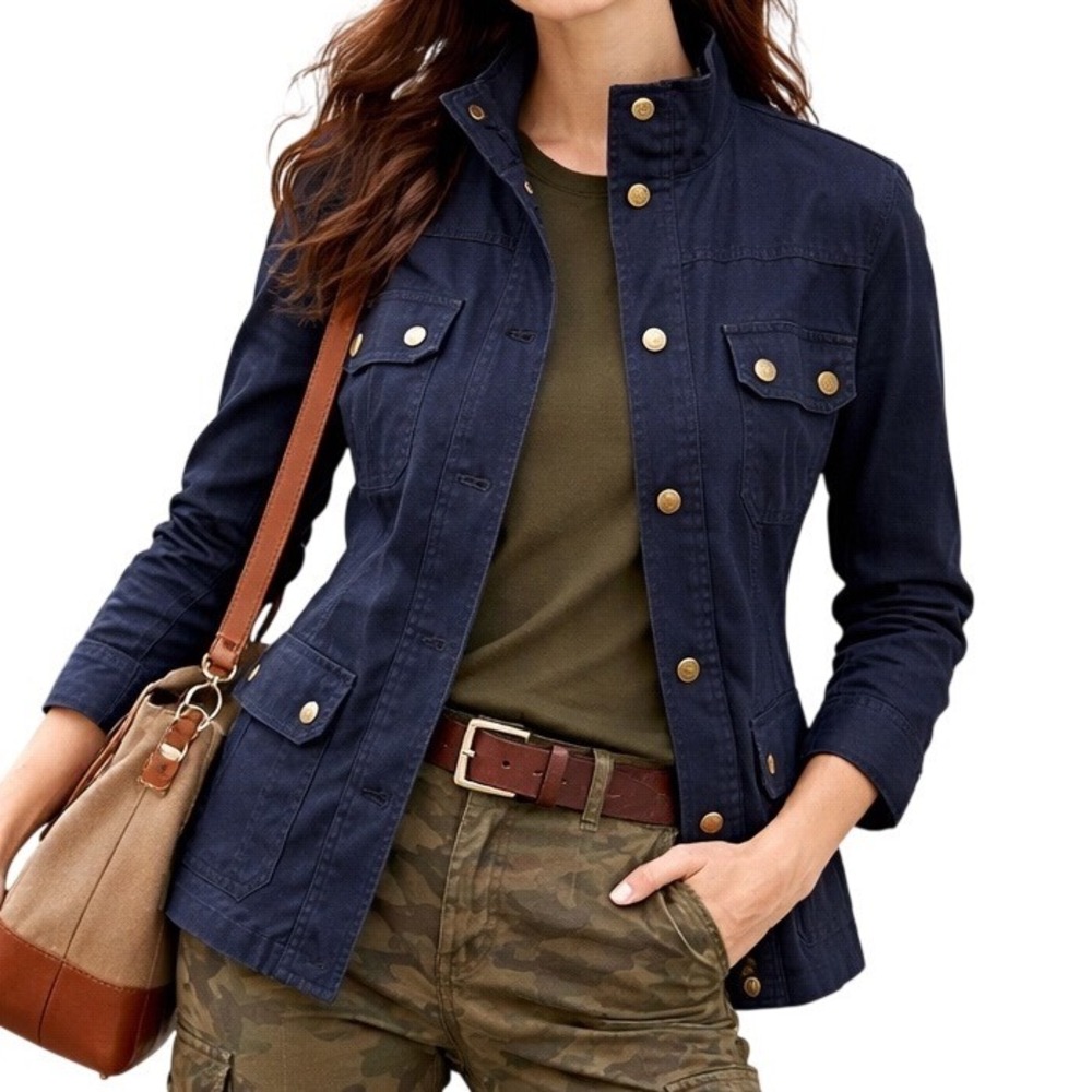 J. Crew Relaxed Boyfriend Military Barn Jacket Utility Gold Button Blue Sz Small